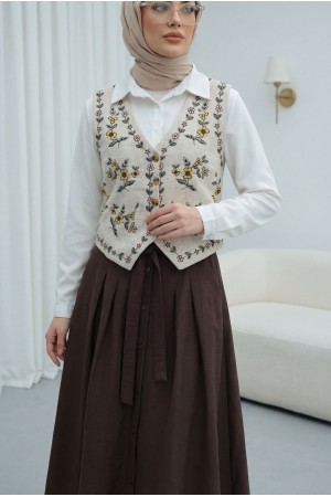 Vest with Floral Embroidery and Buttons -Stone