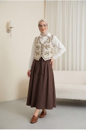 Vest with Floral Embroidery and Buttons -Stone