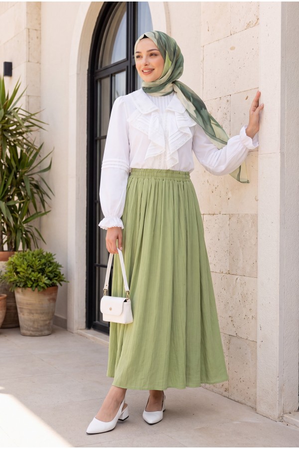Front Frilly Scalloped Sleeve Elastic Blouse  -White