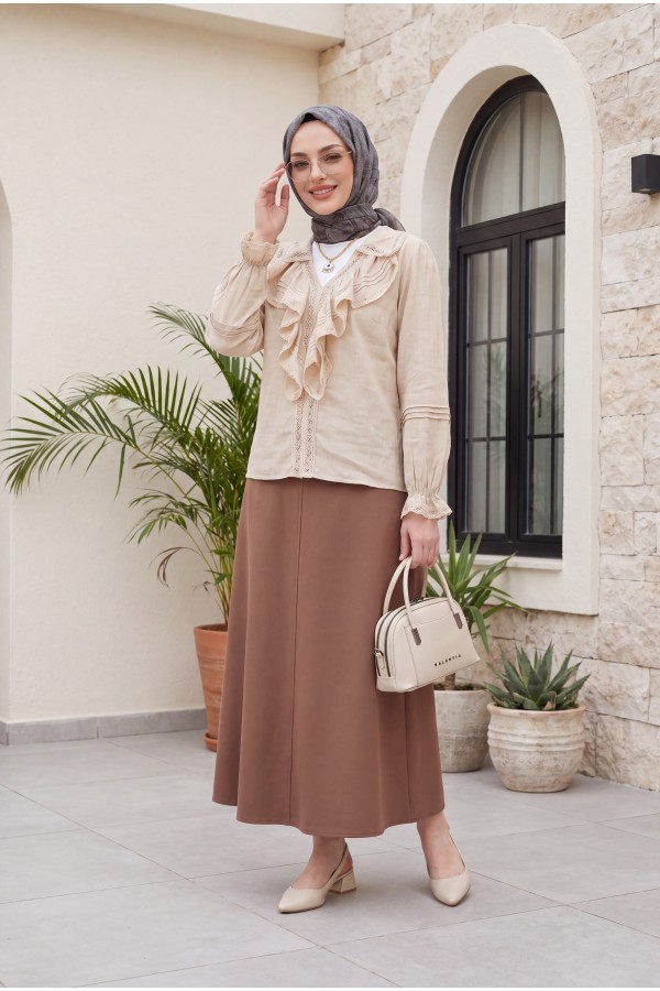 Front Frilly Scalloped Sleeve Elastic Blouse - Beige