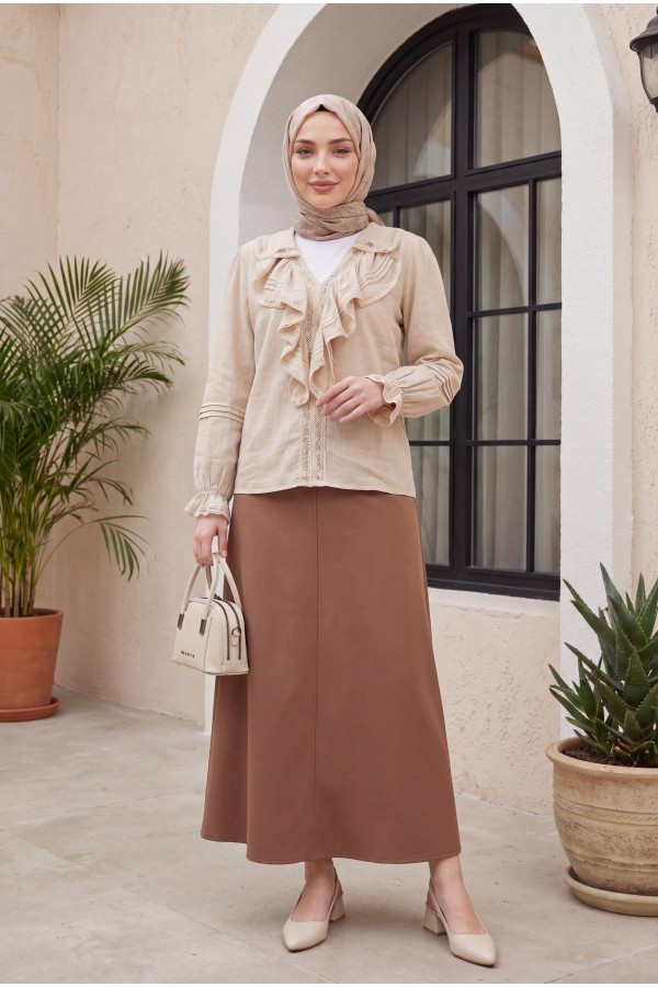 Front Frilly Scalloped Sleeve Elastic Blouse - Beige