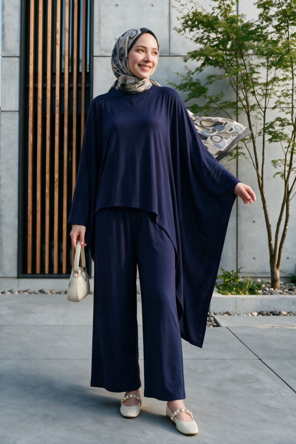 Asymmetrical Cut Trousers and Pocketed Loose Viscose Poncho Set -Navy blue