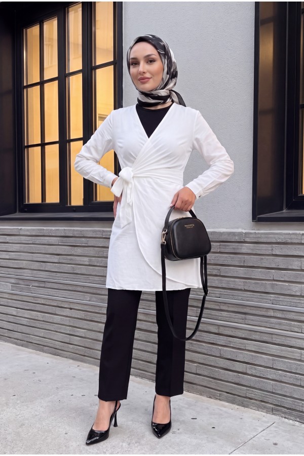 Double Breasted Collar Tied Frilled Ayrobin Dress    -White