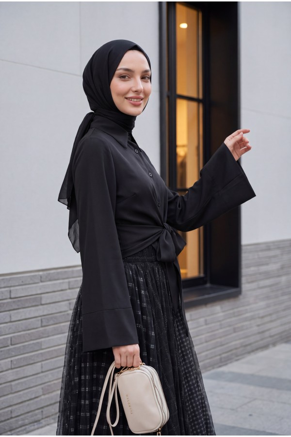 Side Tie Spanish Cufflink Shirt -Black