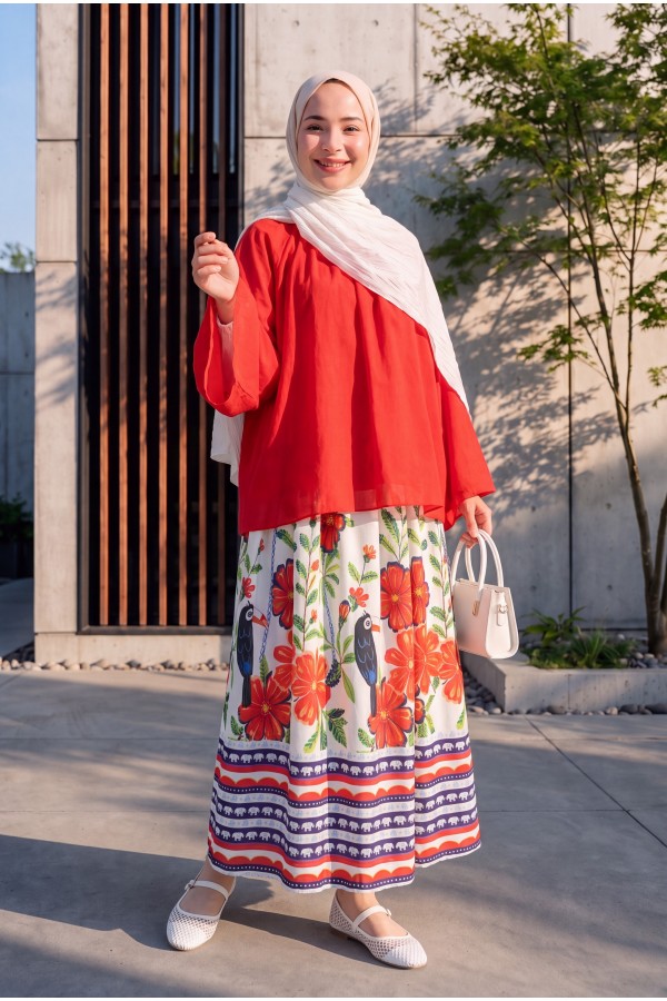 Elasticated Waist Belted Tropical Patterned Skirt -White