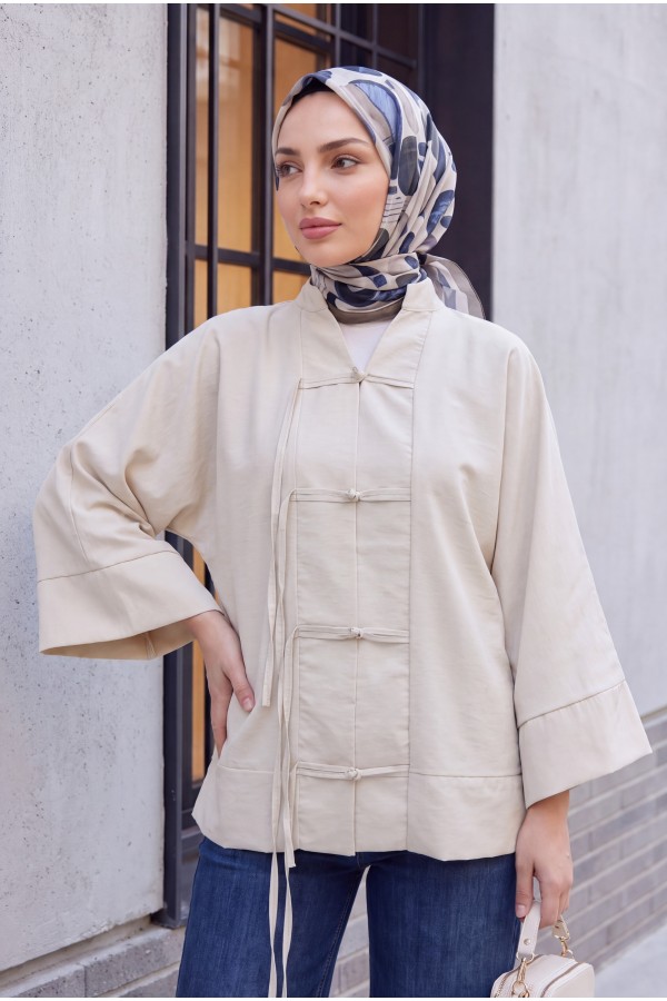 Chinese Knot Closure Mandarin Collar Parachute Kimono -Stone