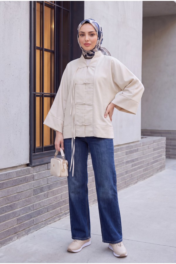 Chinese Knot Closure Mandarin Collar Parachute Kimono -Stone