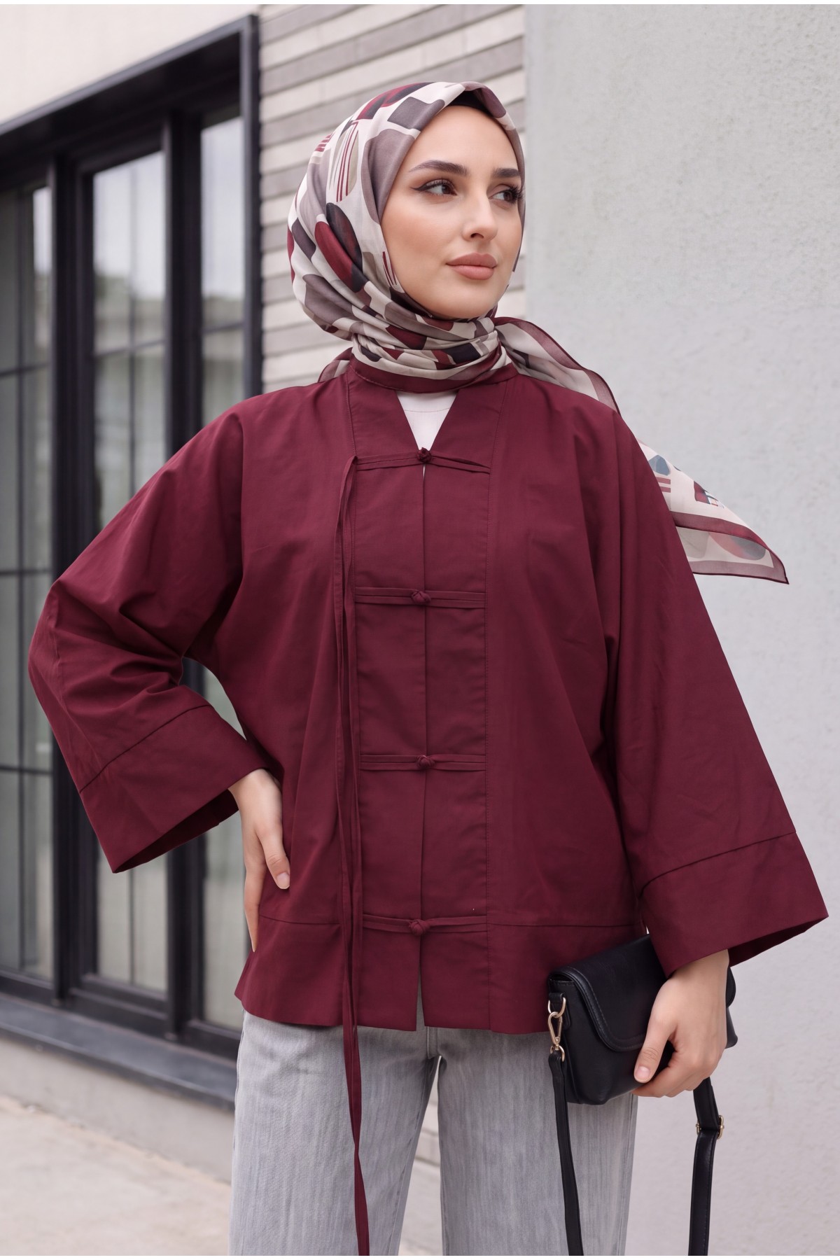 Çin Düğümü Kapamalı Hakim Yaka Paraşüt Kimono -Mürdüm