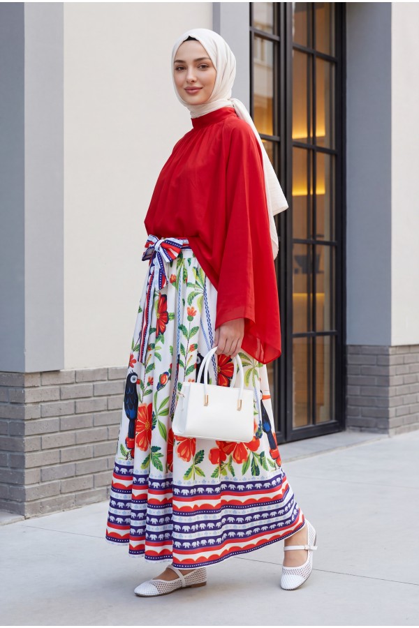 Elasticated Waist Belted Tropical Patterned Skirt -White