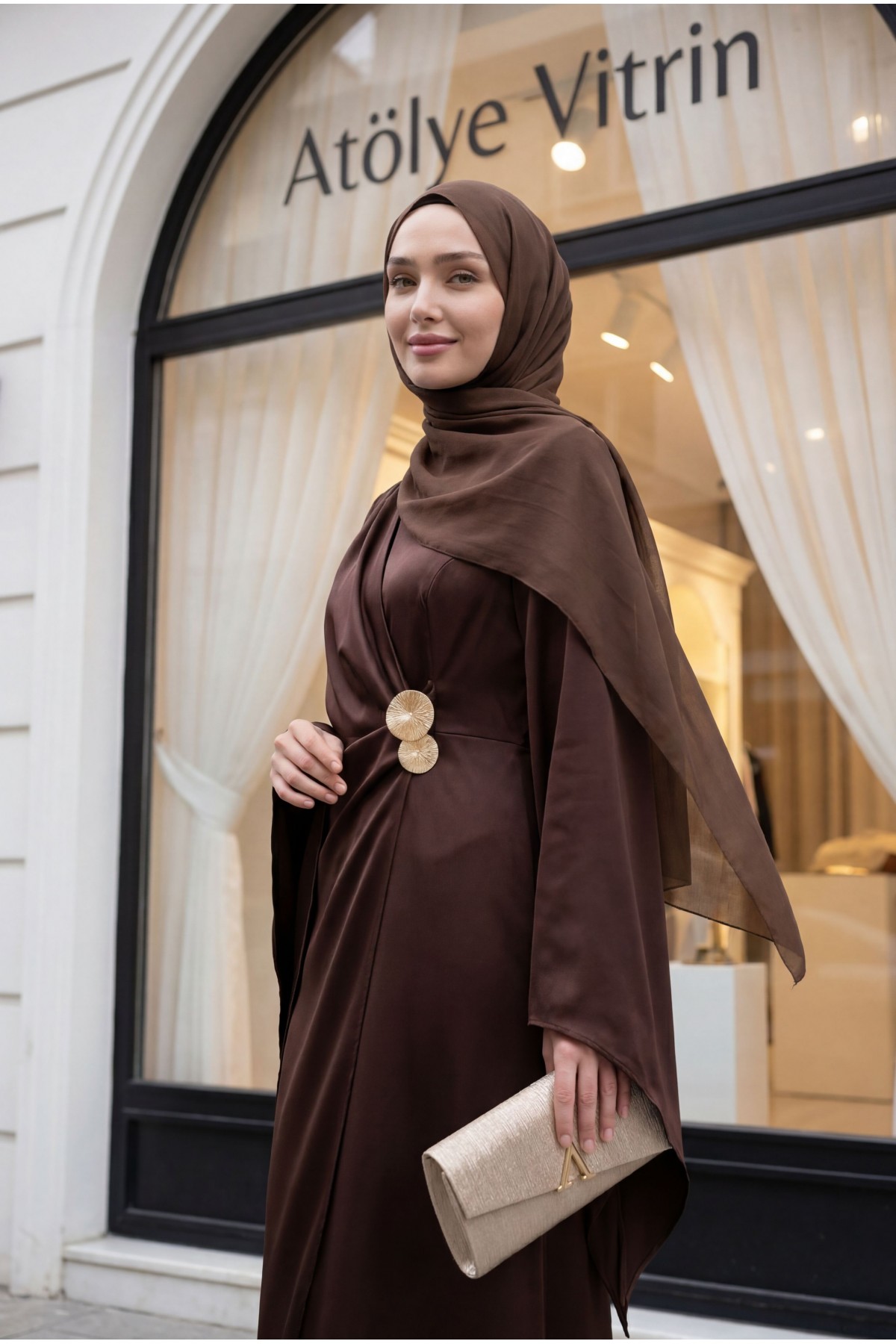 Buckle Detailed Double Front Asymmetrical Sleeve Satin Evening Dress -Brown