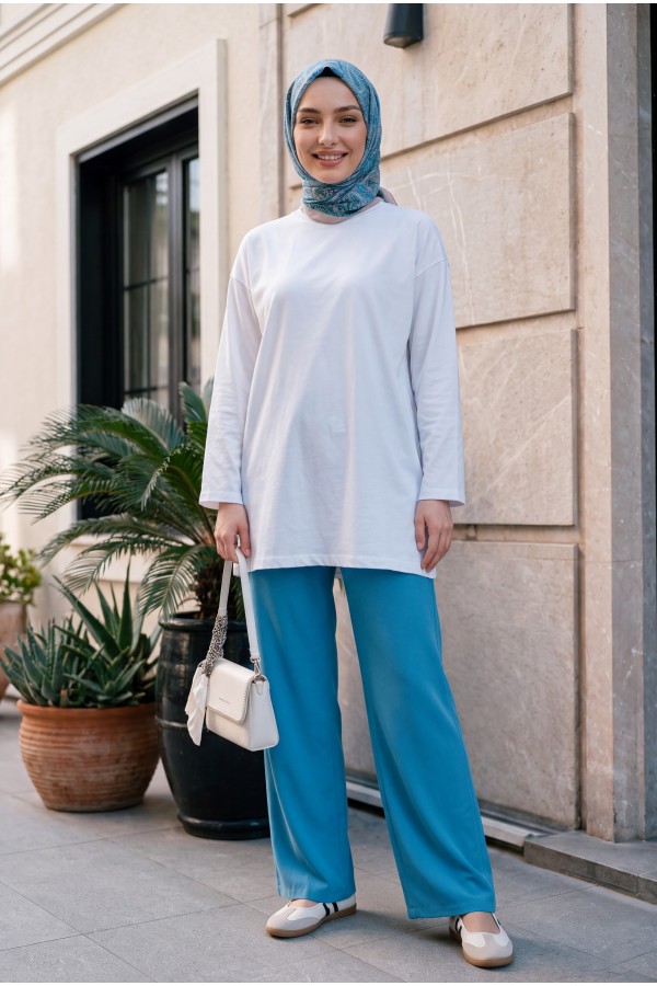 Tie Waist Double Wide Leg Trousers      -Blue