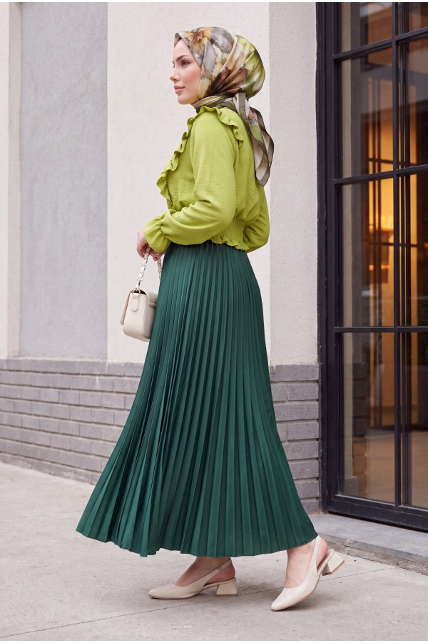 Pleated Elastic Waist Skirt -Emerald