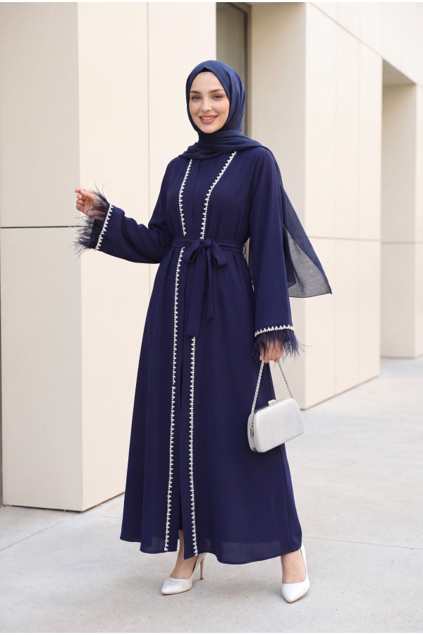 Abaya with Feathered Sleeves and Row of Stone Details, and Belt  -Navy blue