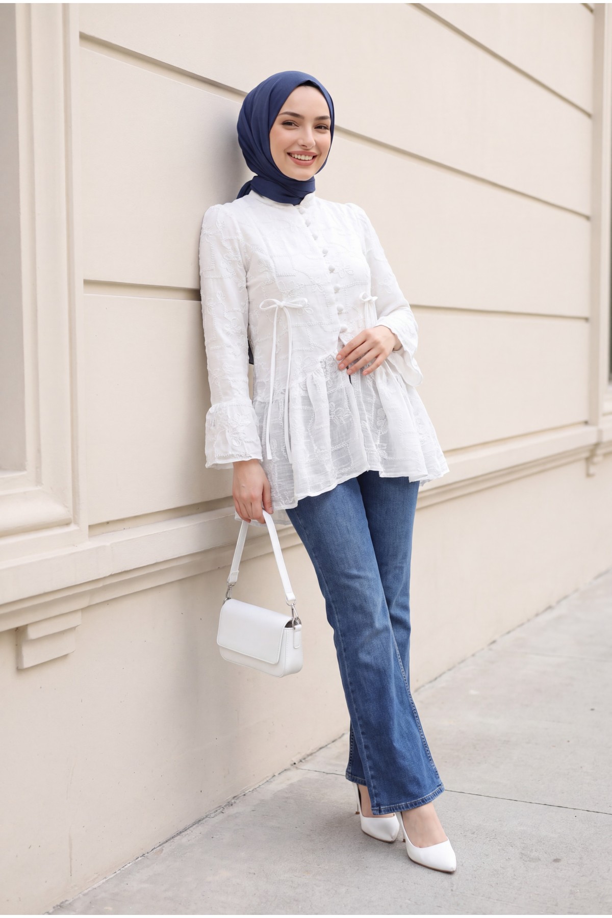 Mandarin Collar, Button-Front, Lined, Ruffled Polyviscose Tunic -White detay görseli