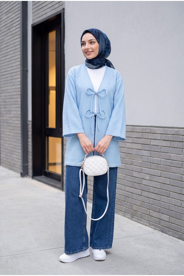 Honeycomb Pattern Kimono with Double Lace Front -Baby Blue