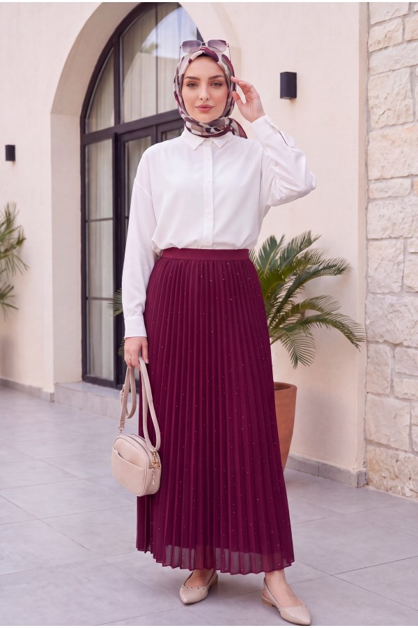 Taşlı Pliseli  Etek -Bordo