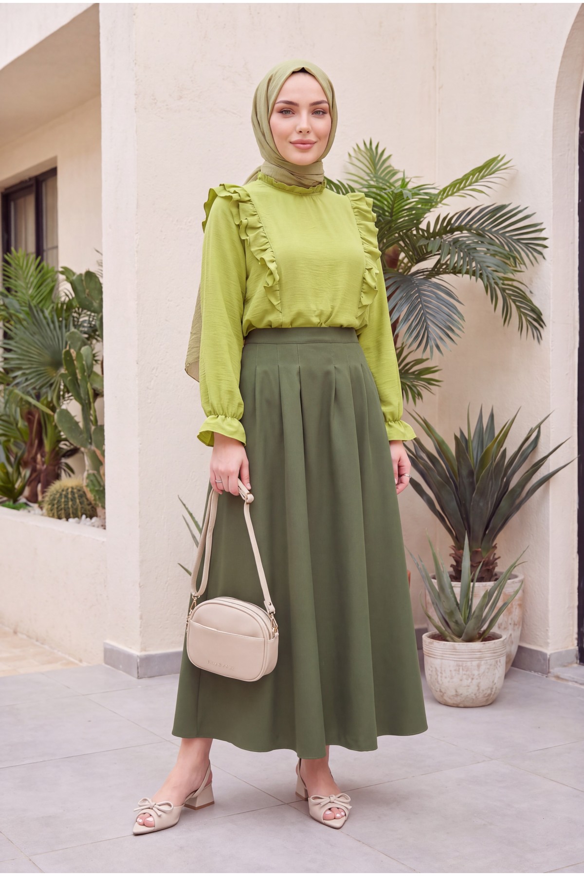 Pleated Crepe Skirt with Zippered Pockets -Khaki