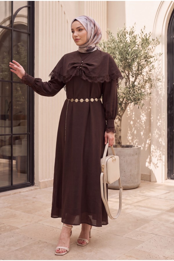 Imported Ibiza Dress with Lace Detail, Cape, Belt, and Lining. -Brown
