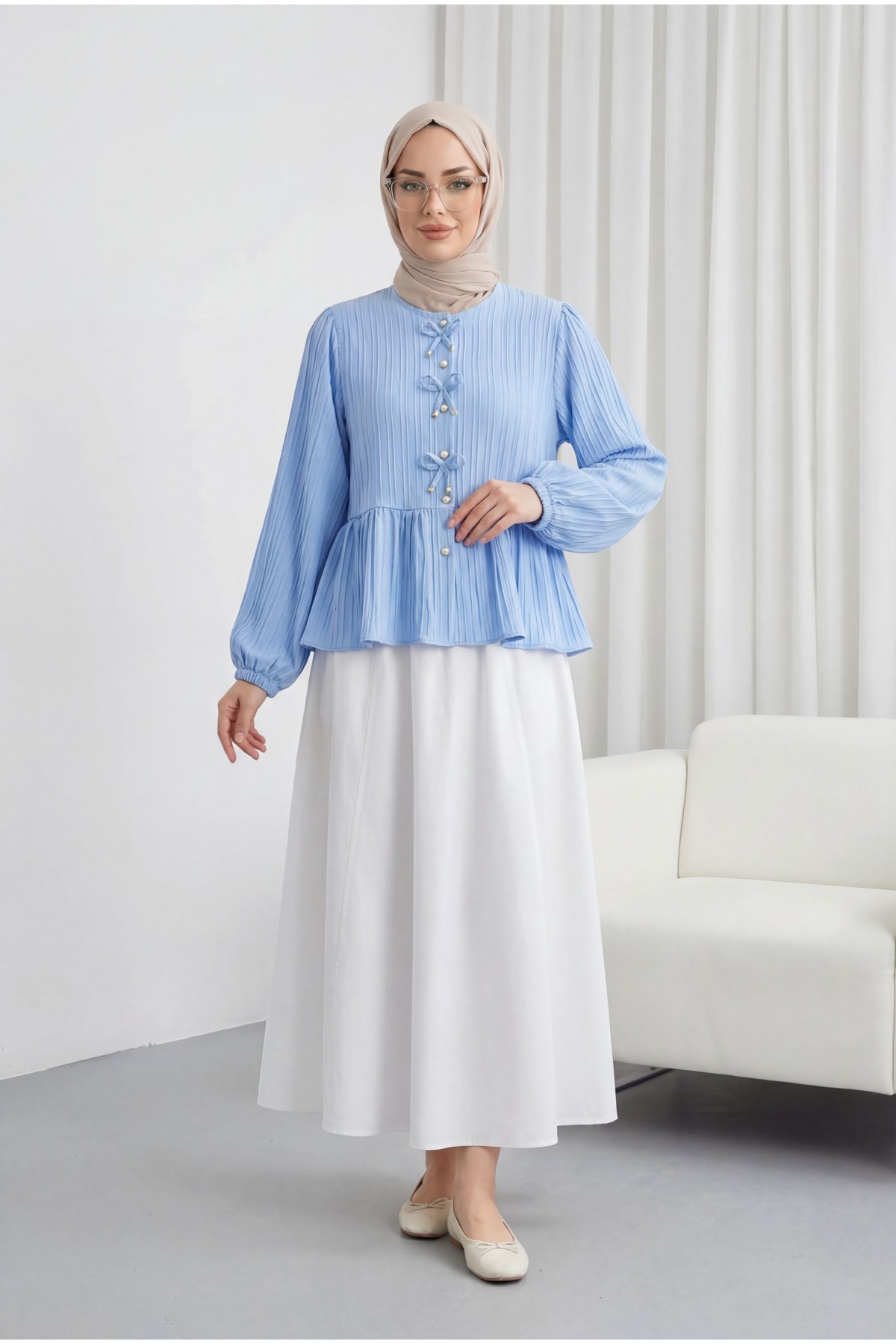 Double Pocket Poplin Flared Skirt with Elastic Waist -White