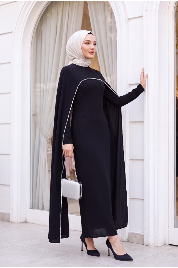 İnci Detaylı Çıkarılabilir Pelerinli İspanyol Kol Astarlı Krep Abaya Elbise -Siyah