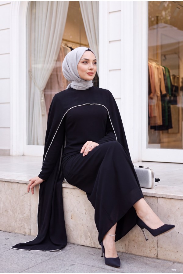 İnci Detaylı Çıkarılabilir Pelerinli İspanyol Kol Astarlı Krep Abaya Elbise -Siyah