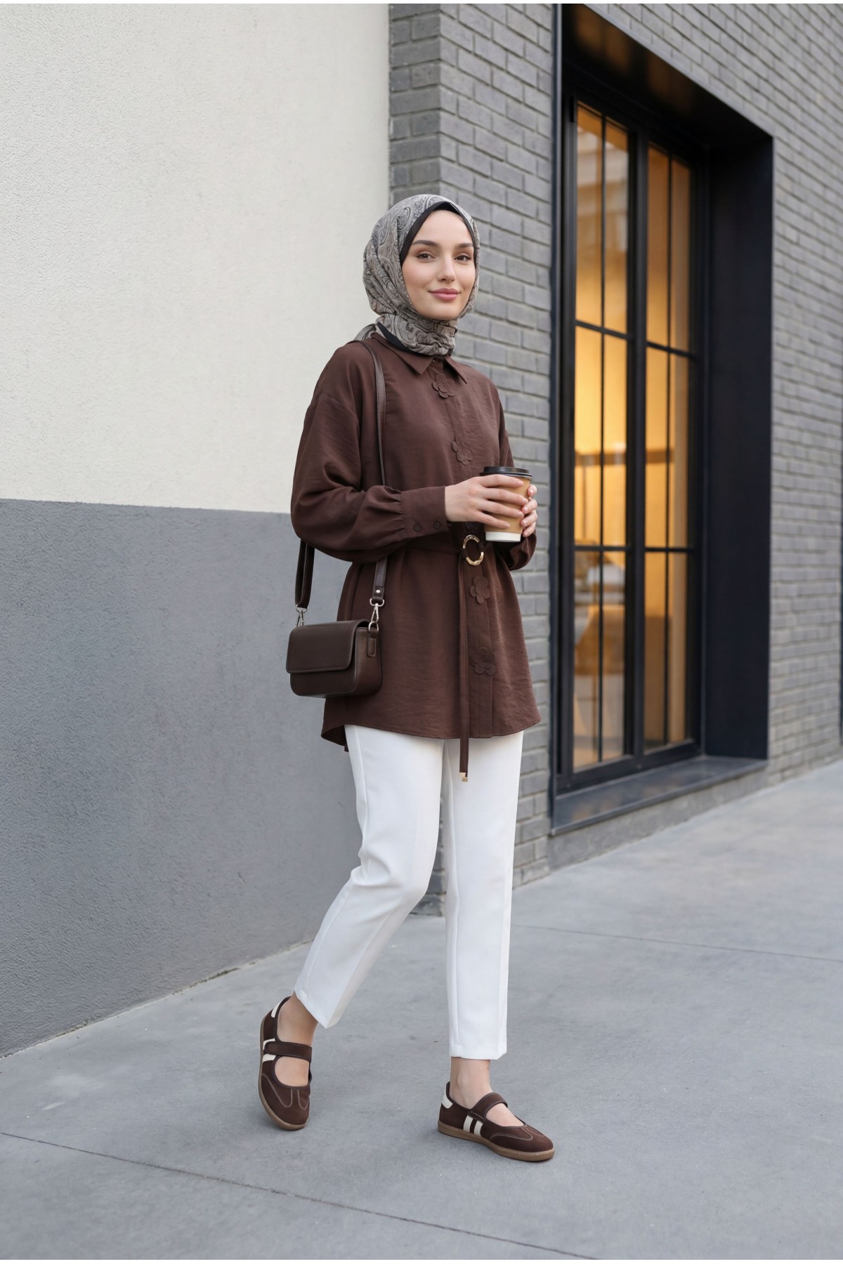 Modal Tunic with Floral Detail and Buckle Belt -Dark Coffee