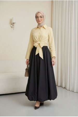 Beli Lastikli Astarlı Poplin Balon Etek -Siyah