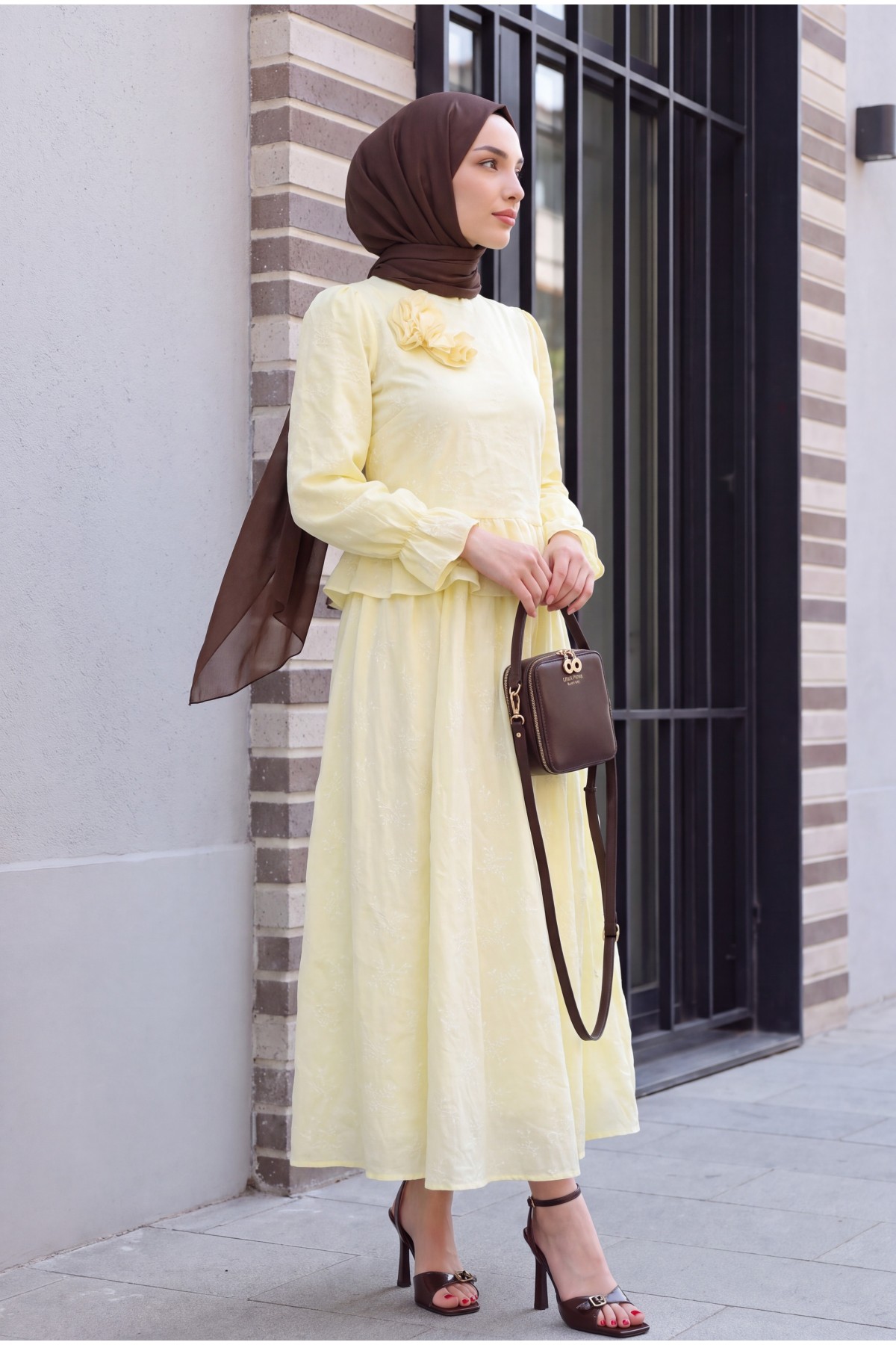 Rose Brooch Embellished, Elasticated Sleeve, Patterned, Lined, Voile Skirt Set  -Yellow