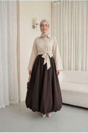 Beli Lastikli Astarlı Poplin Balon Etek -Kahve