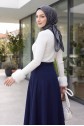 بلوزة بودي سوت بأكمام من الفرو وياقة مدورة ونصف -أبيض