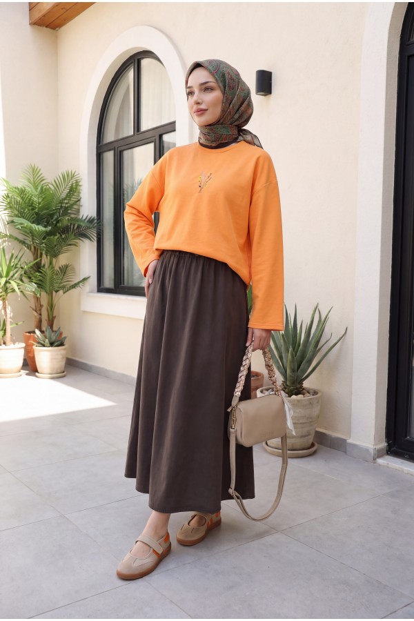 Round Neck Loose Fit Jersey Blouse with Floral Embroidery on the Front     -Orange