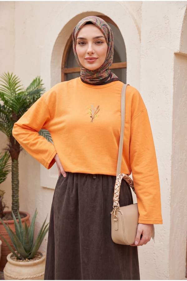 Round Neck Loose Fit Jersey Blouse with Floral Embroidery on the Front     -Orange