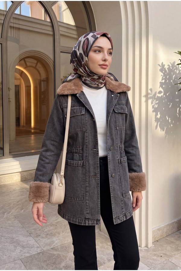 Yakası Ve Kolu Kürklü Önü Bağlamalı Cepli Kot Ceket  -Füme