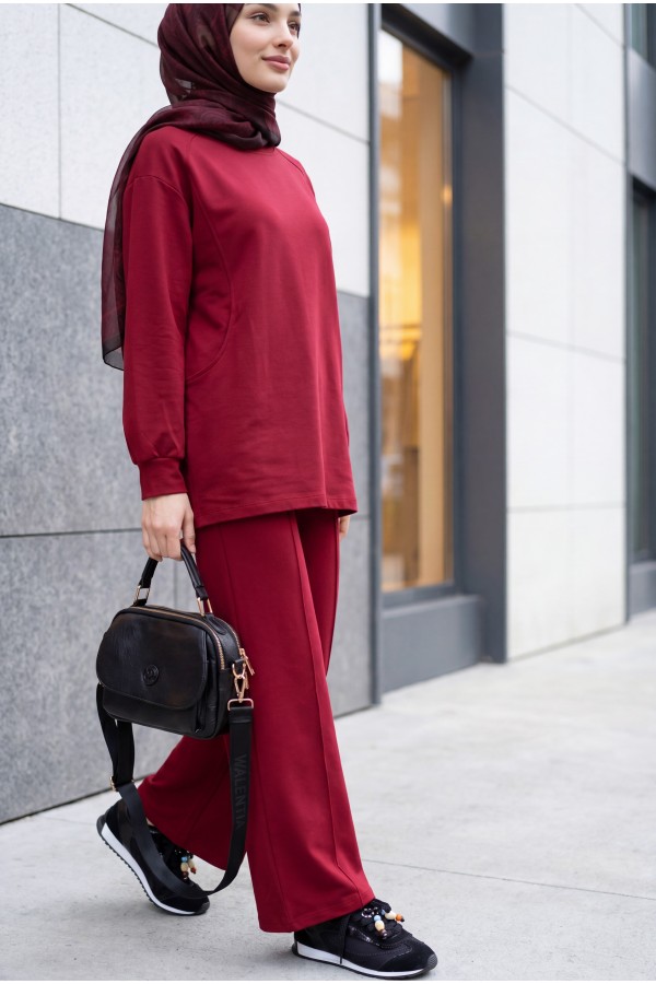 Bisiklet Yaka Oversize Cepli Pantolonlu Penye Takım -Bordo
