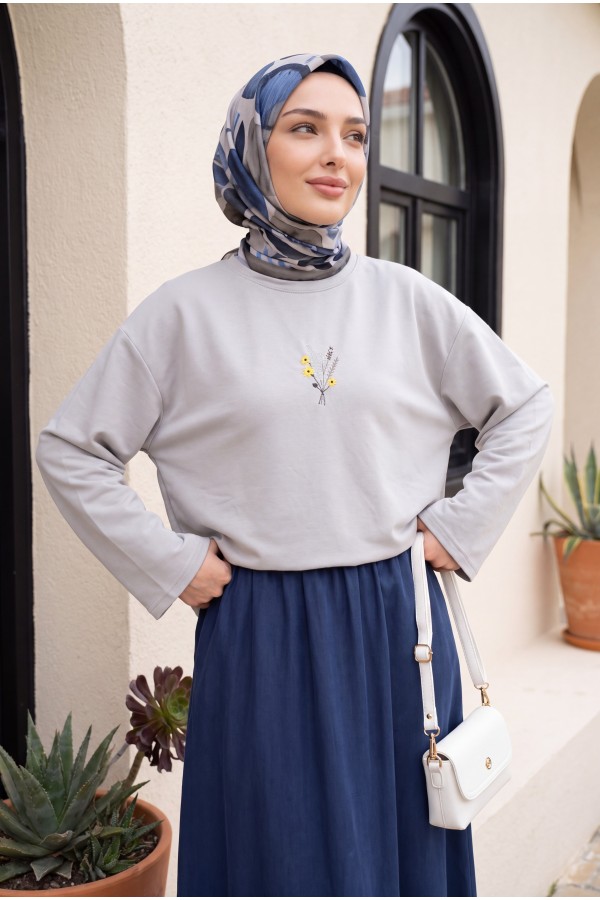 Round Neck Loose Fit Jersey Blouse with Floral Embroidery on the Front    -Grey
