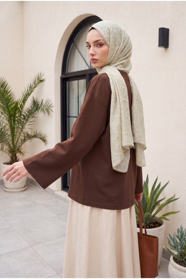 Round Neck Loose Fit Jersey Blouse with Floral Embroidery on the Front -Brown