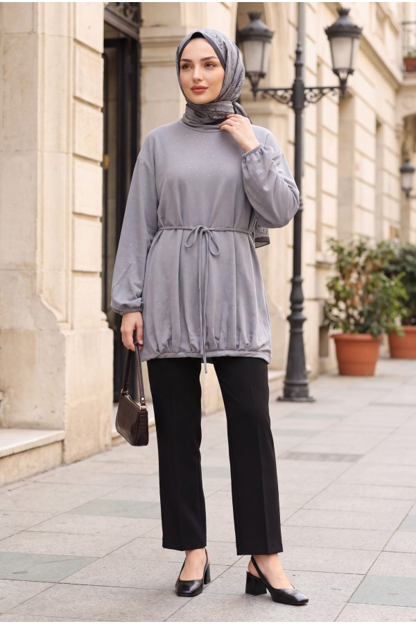 Eteği Lastikli Beli Bağcıklı Yarım Boğazlı Oysho Sweat -Açık Gri