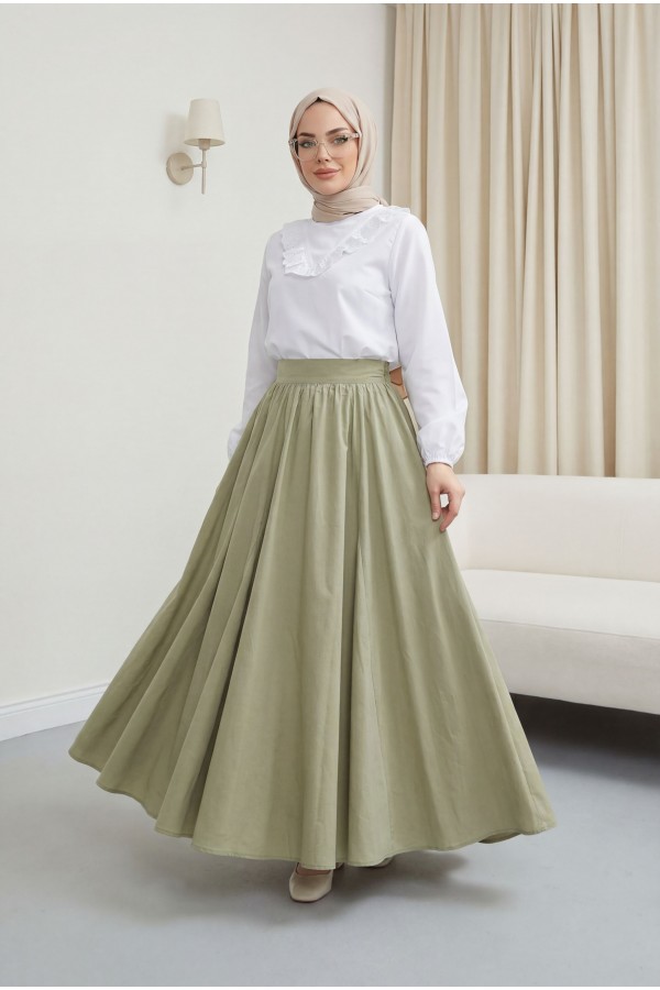 Lined, Zippered Summer Flared Linen Skirt -Khaki