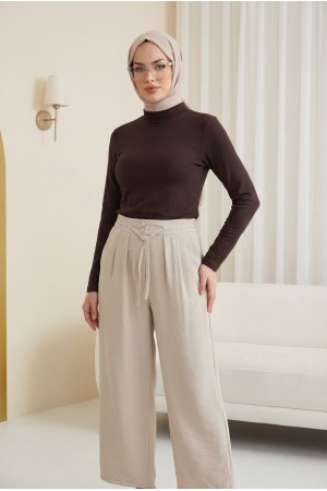 Beli Bağcıklı Çift Düğmeli Yüksek Bel Tensel Pantolon  -Taş