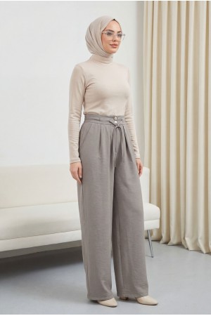 Beli Bağcıklı Çift Düğmeli Yüksek Bel Tensel Pantolon  -Vizon