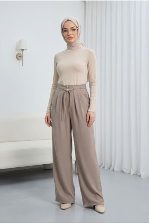 Beli Bağcıklı Çift Düğmeli Yüksek Bel Tensel Pantolon  -Vizon