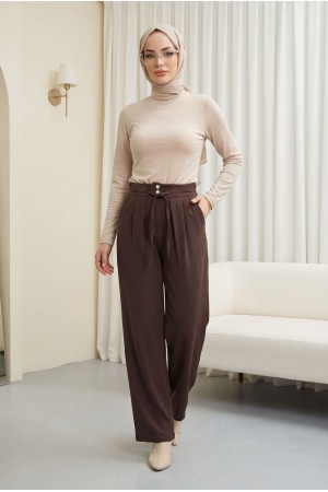 Beli Bağcıklı Çift Düğmeli Yüksek Bel Tensel Pantolon  -Kahve