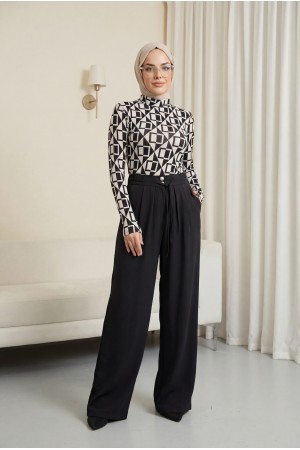 Beli Bağcıklı Çift Düğmeli Yüksek Bel Tensel Pantolon  -Siyah