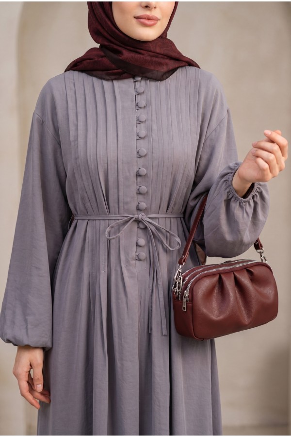 Half-Button Modal Dress with Ribbed Front and Belt -Grey