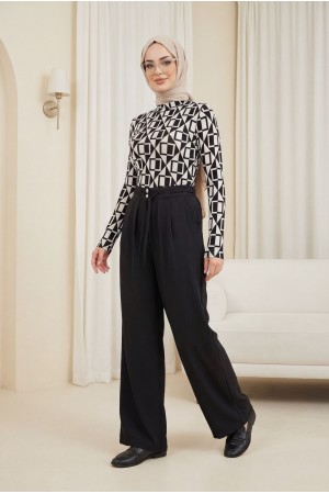 Beli Bağcıklı Çift Düğmeli Yüksek Bel Tensel Pantolon  -Siyah