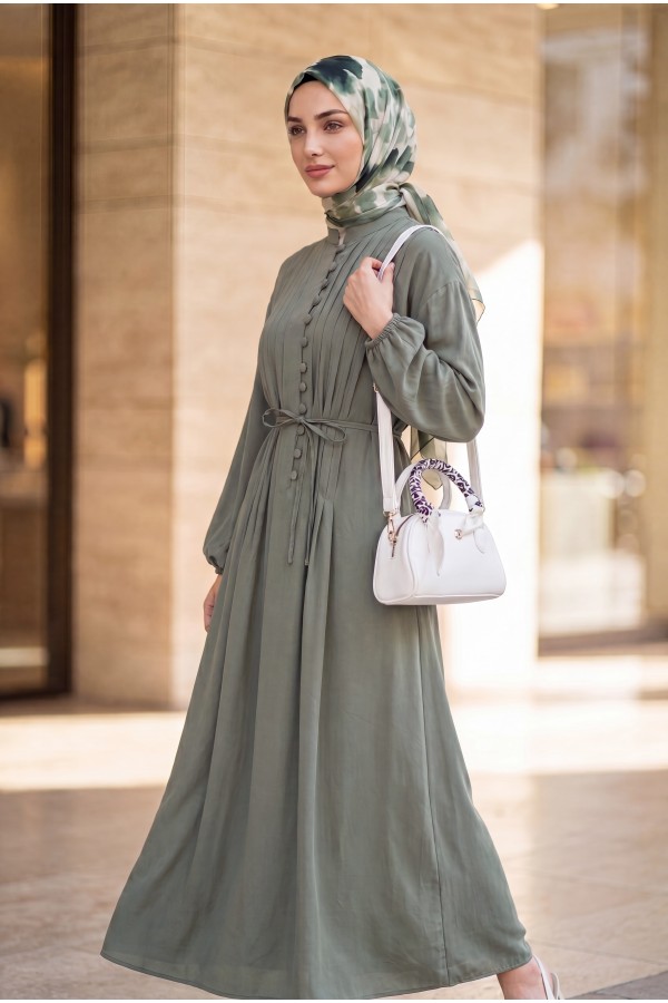 Half-Button Modal Dress with Ribbed Front and Belt -Cagla Green