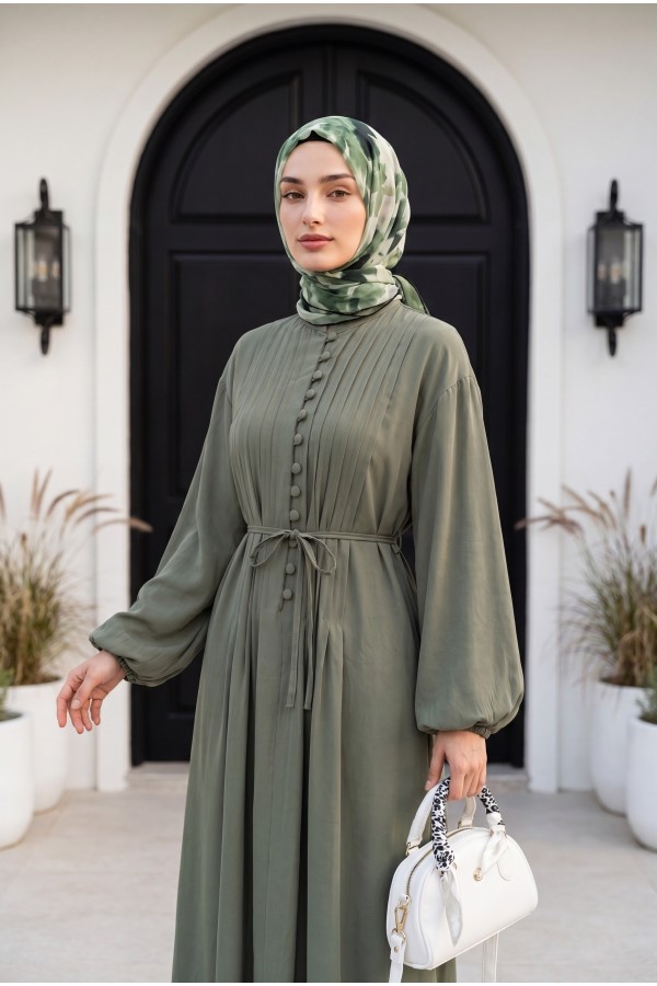 Half-Button Modal Dress with Ribbed Front and Belt -Cagla Green