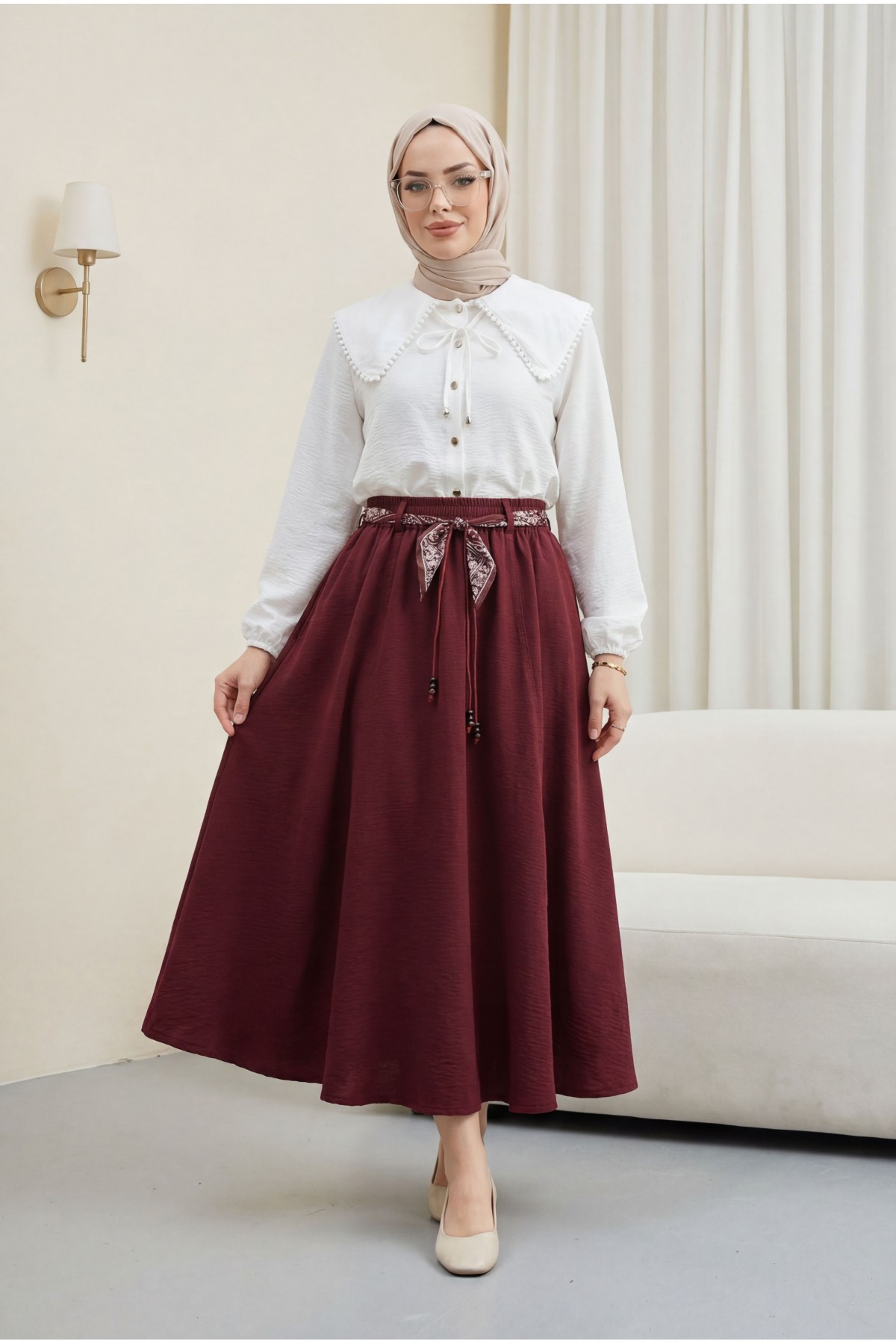 Linen Skirt with Elastic Waistband, Belt, and Pockets -Maroon