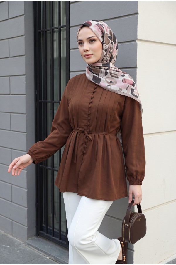 Poplin Shirt with Belted, Elasticated Cuffs, Button Front, and Fold Detail  -Brown