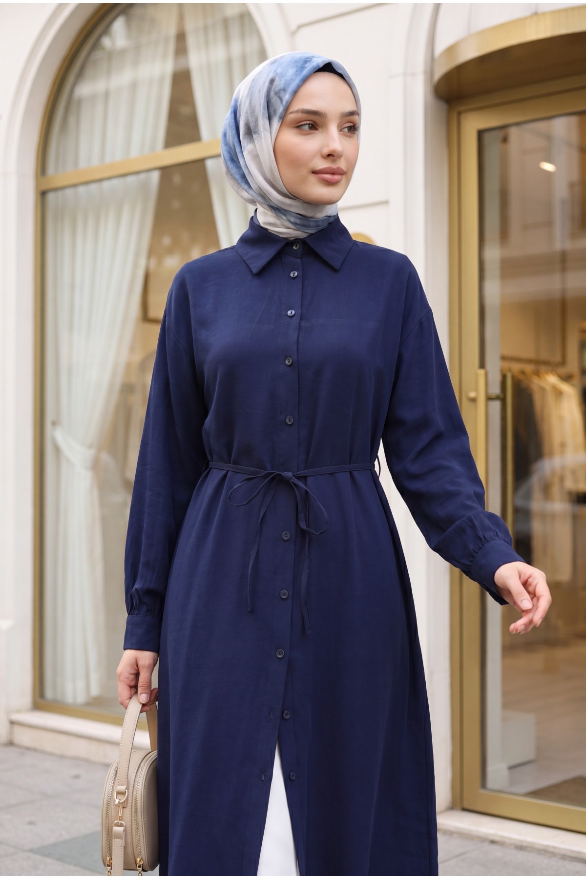 Button-front shirt collar, tie-waist long modal tunic -Navy blue